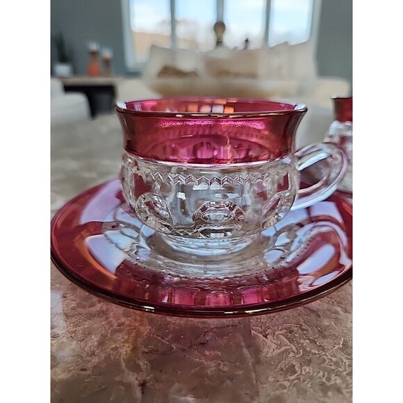 Indiana King Crown Ruby Flash Cups And Saucers, Set Of 2 - Picture 2 of 4